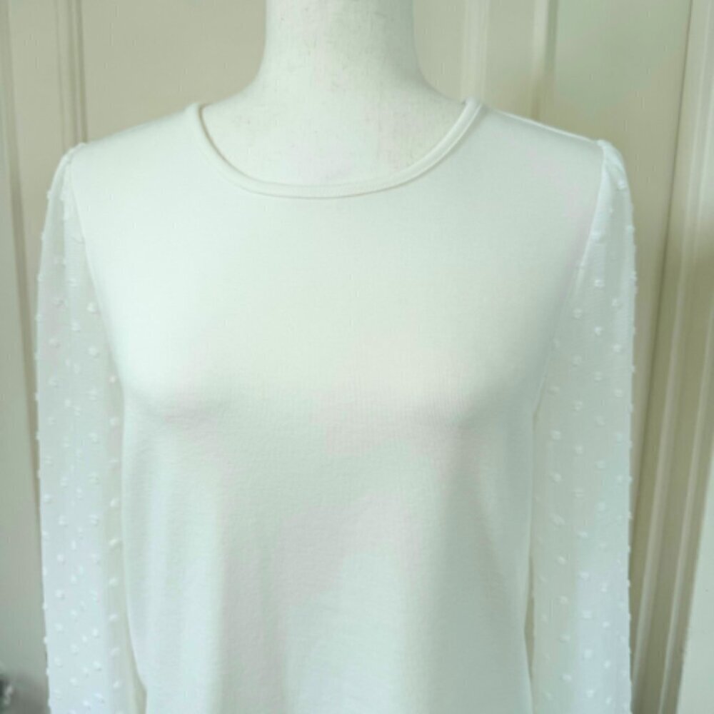 SOJOURN White Sheer Sleeve Swiss Dot Knit Top Size MP - Picture 5 of 11